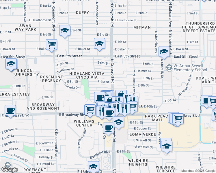 map of restaurants, bars, coffee shops, grocery stores, and more near 5457 East 9th Street in Tucson