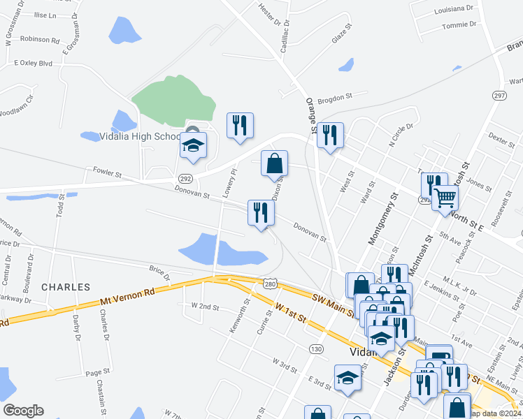 map of restaurants, bars, coffee shops, grocery stores, and more near 706 Dixie Drive in Vidalia