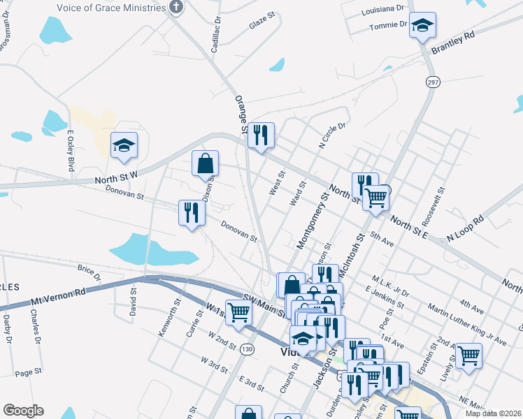 map of restaurants, bars, coffee shops, grocery stores, and more near 401 Orange Street in Vidalia