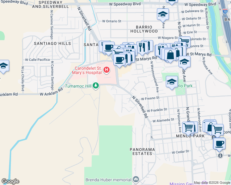 map of restaurants, bars, coffee shops, grocery stores, and more near 315 North Hillside Drive in Tucson