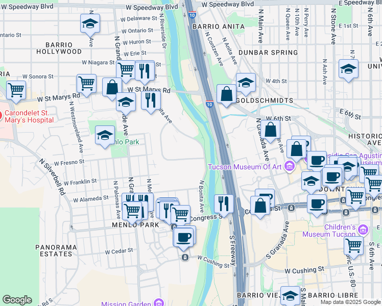 map of restaurants, bars, coffee shops, grocery stores, and more near in Tucson