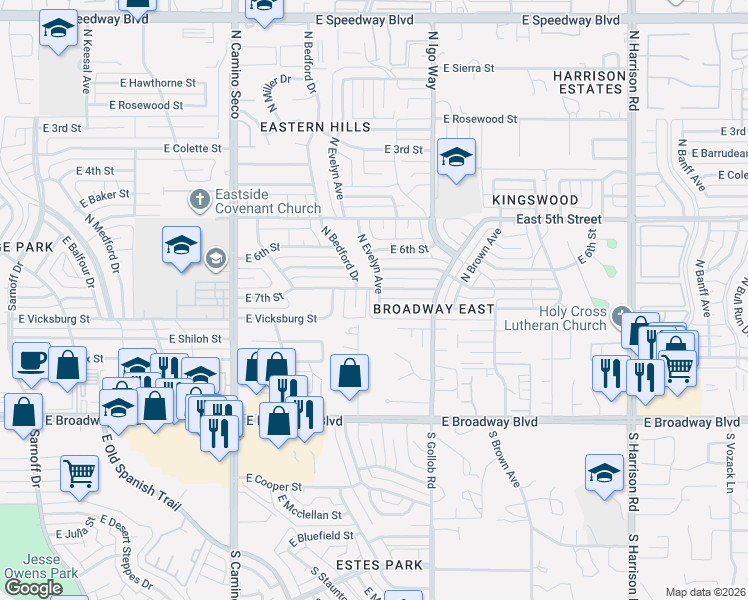 map of restaurants, bars, coffee shops, grocery stores, and more near 9006 East 8th Street in Tucson
