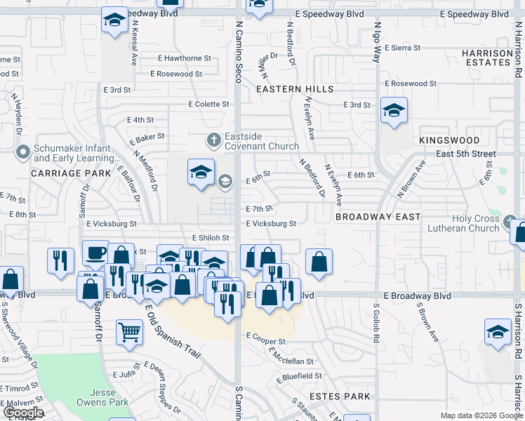map of restaurants, bars, coffee shops, grocery stores, and more near 8762 East Vicksburg Street in Tucson