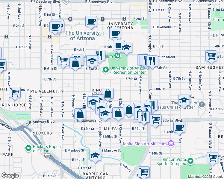 map of restaurants, bars, coffee shops, grocery stores, and more near 220 North Vine Avenue in Tucson