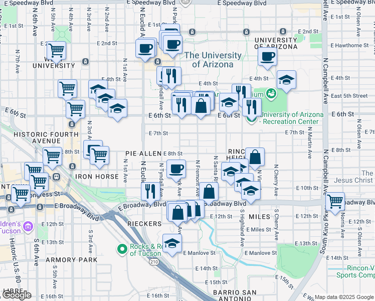map of restaurants, bars, coffee shops, grocery stores, and more near 1050 East 8th Street in Tucson