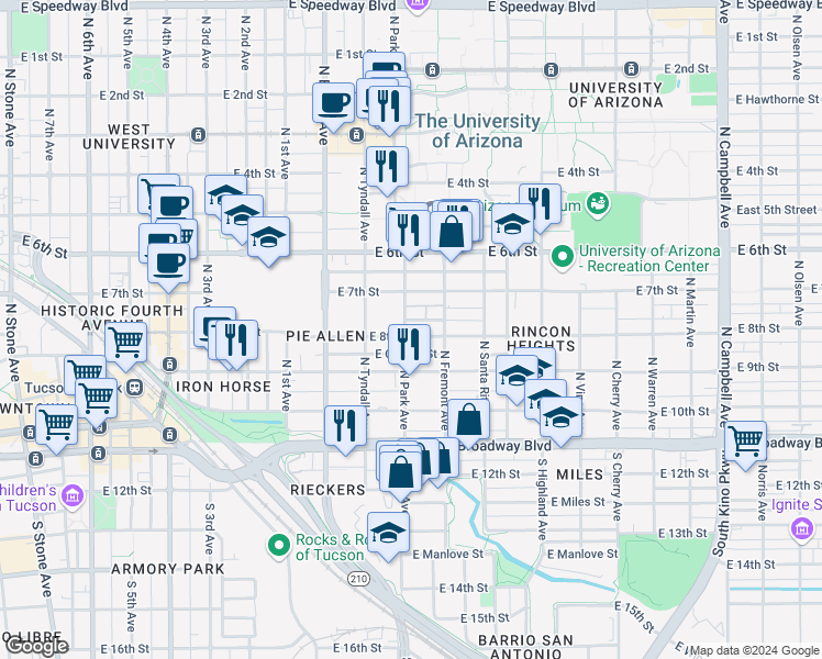 map of restaurants, bars, coffee shops, grocery stores, and more near 225 North Park Avenue in Tucson