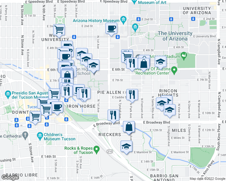 map of restaurants, bars, coffee shops, grocery stores, and more near in Tucson