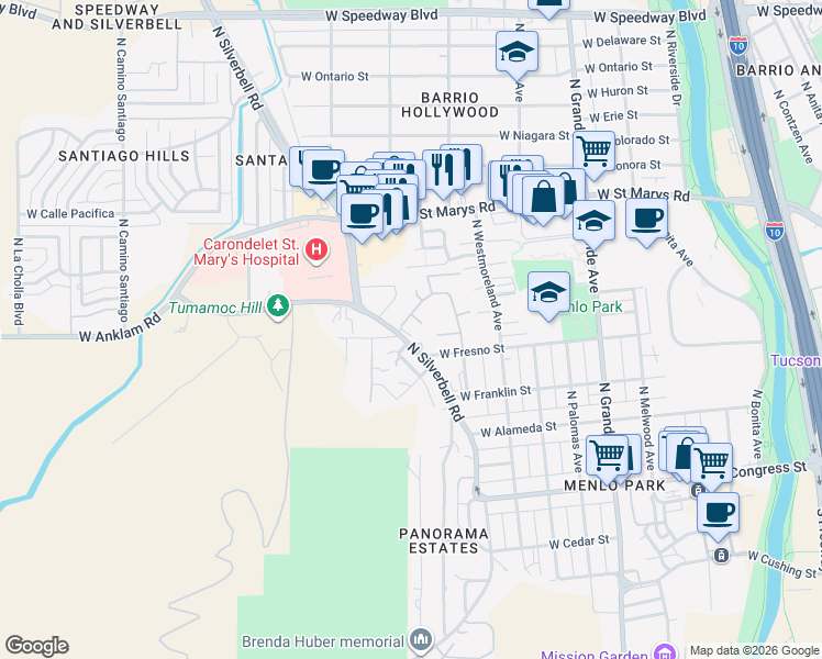 map of restaurants, bars, coffee shops, grocery stores, and more near 345 West West Street in Tucson