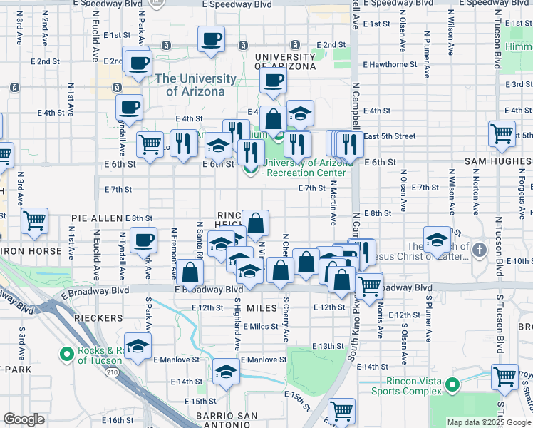 map of restaurants, bars, coffee shops, grocery stores, and more near 220 North Vine Avenue in Tucson
