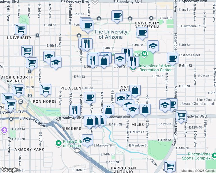 map of restaurants, bars, coffee shops, grocery stores, and more near 1129 East 8th Street in Tucson