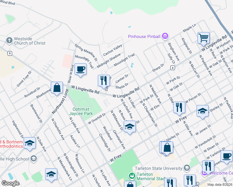 map of restaurants, bars, coffee shops, grocery stores, and more near 1630 West Lingleville Road in Stephenville