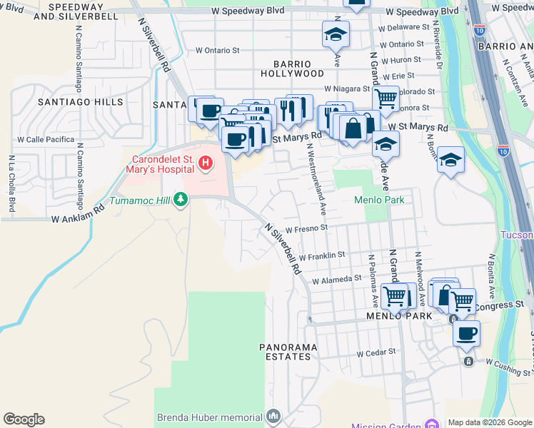 map of restaurants, bars, coffee shops, grocery stores, and more near 345 West West Street in Tucson