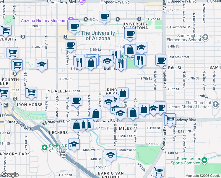 map of restaurants, bars, coffee shops, grocery stores, and more near 1325 East 8th Street in Tucson