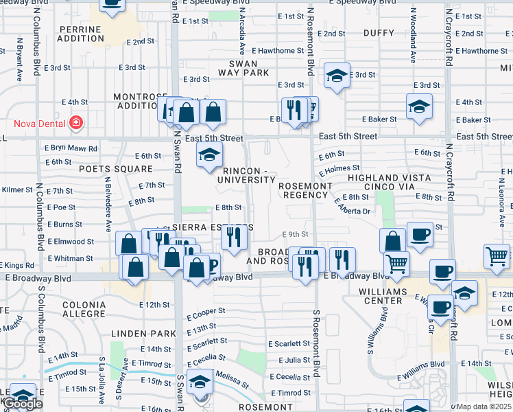 map of restaurants, bars, coffee shops, grocery stores, and more near 250 North Arcadia Avenue in Tucson
