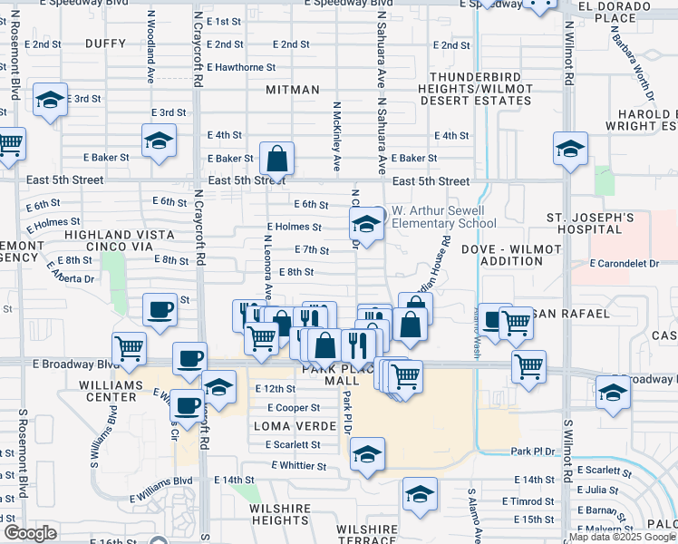 map of restaurants, bars, coffee shops, grocery stores, and more near 5756 East 7th Street in Tucson