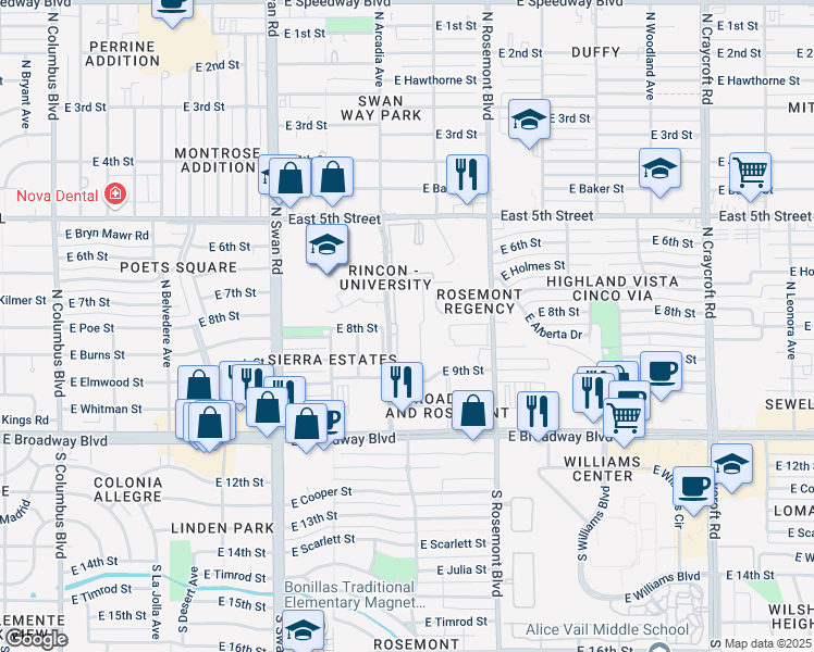 map of restaurants, bars, coffee shops, grocery stores, and more near 250 North Arcadia Avenue in Tucson
