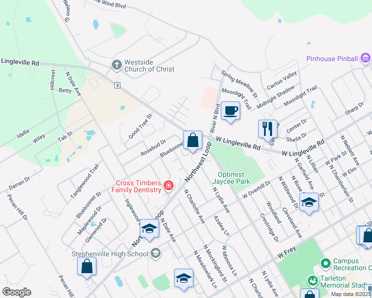 map of restaurants, bars, coffee shops, grocery stores, and more near 100 Bluebonnet Street in Stephenville