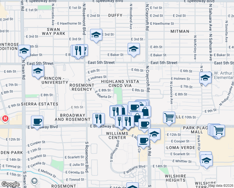 map of restaurants, bars, coffee shops, grocery stores, and more near 5245 East 8th Street in Tucson