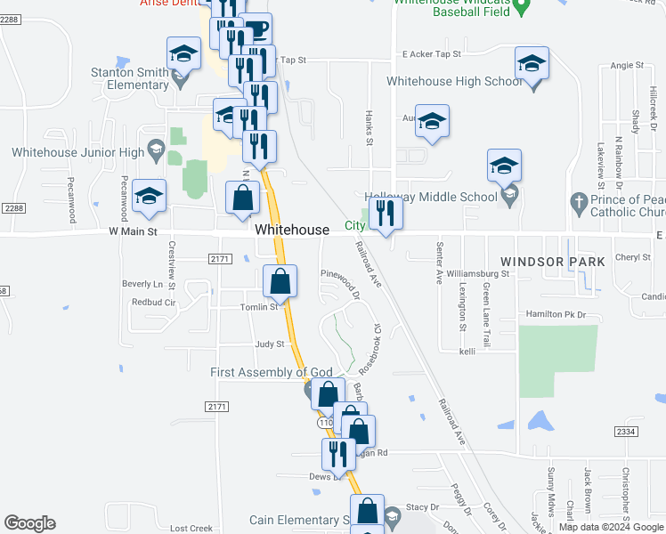 map of restaurants, bars, coffee shops, grocery stores, and more near 203 Pinewood Drive in Whitehouse