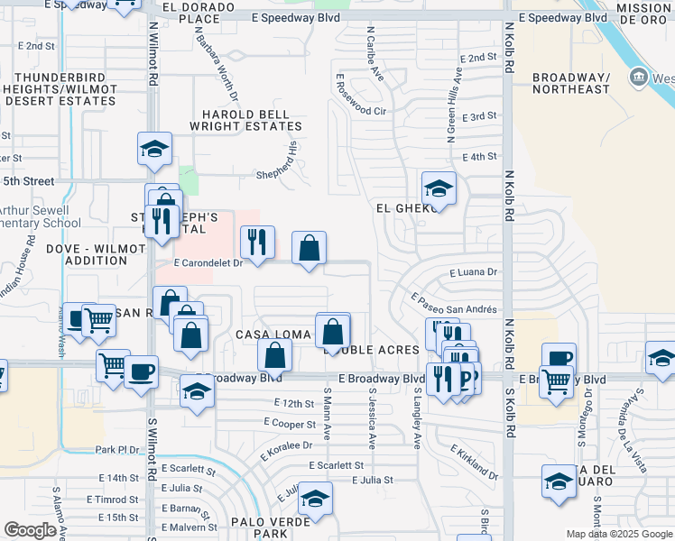 map of restaurants, bars, coffee shops, grocery stores, and more near 6770 East Carondelet Drive in Tucson