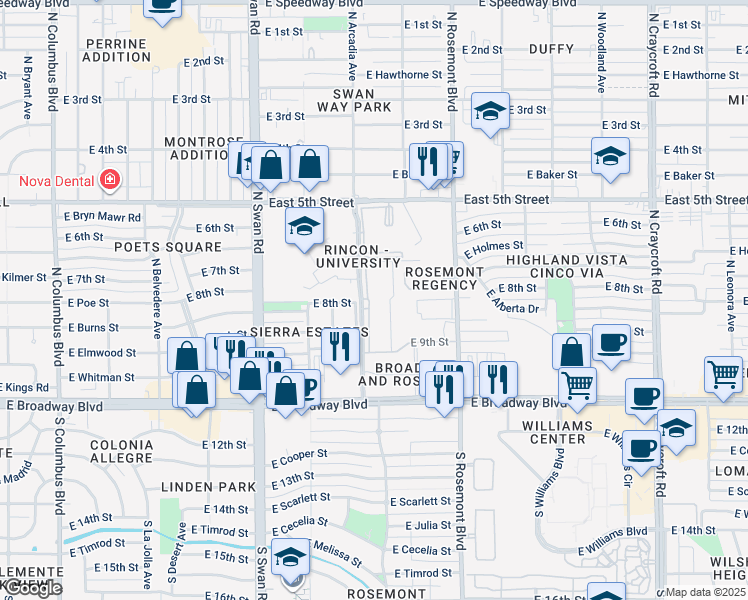 map of restaurants, bars, coffee shops, grocery stores, and more near 2 North Arcadia Avenue in Tucson