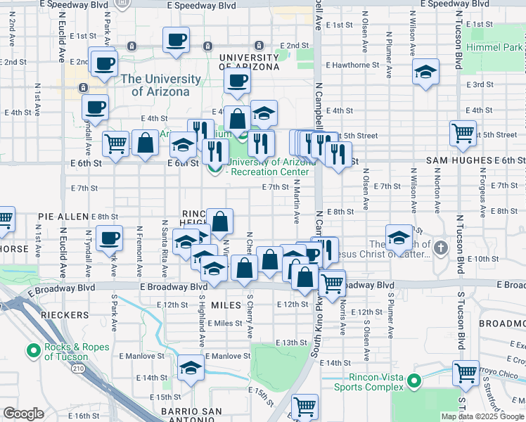 map of restaurants, bars, coffee shops, grocery stores, and more near 314 North Cherry Avenue in Tucson