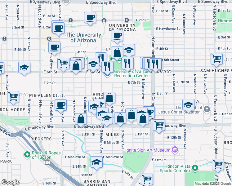 map of restaurants, bars, coffee shops, grocery stores, and more near 336 North Vine Avenue in Tucson