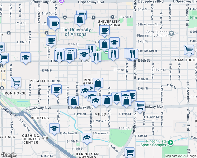 map of restaurants, bars, coffee shops, grocery stores, and more near 336 North Highland Avenue in Tucson