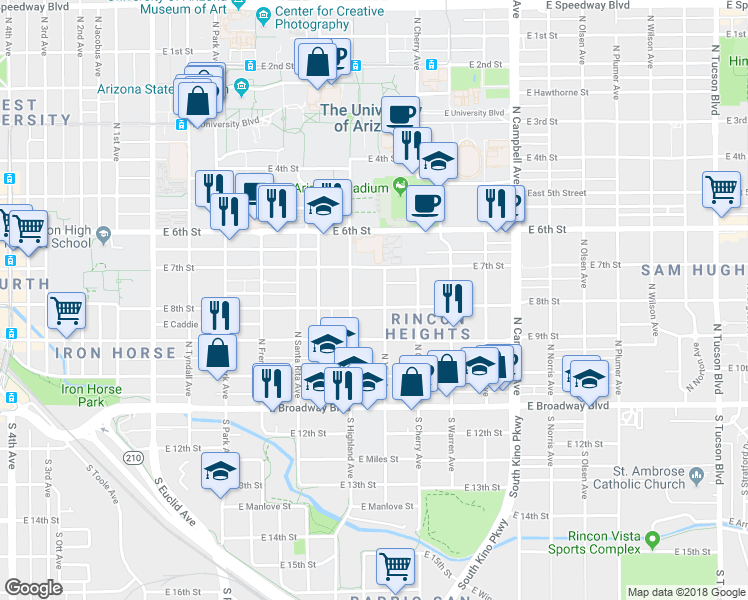 map of restaurants, bars, coffee shops, grocery stores, and more near 336 North Highland Avenue in Tucson