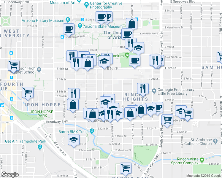 map of restaurants, bars, coffee shops, grocery stores, and more near 336 North Highland Avenue in Tucson