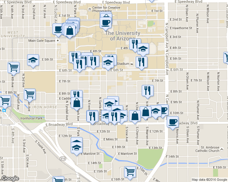 map of restaurants, bars, coffee shops, grocery stores, and more near 1316 East 7th Street in Tucson