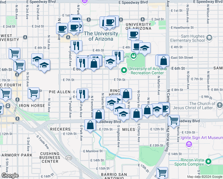 map of restaurants, bars, coffee shops, grocery stores, and more near 1316 East 7th Street in Tucson