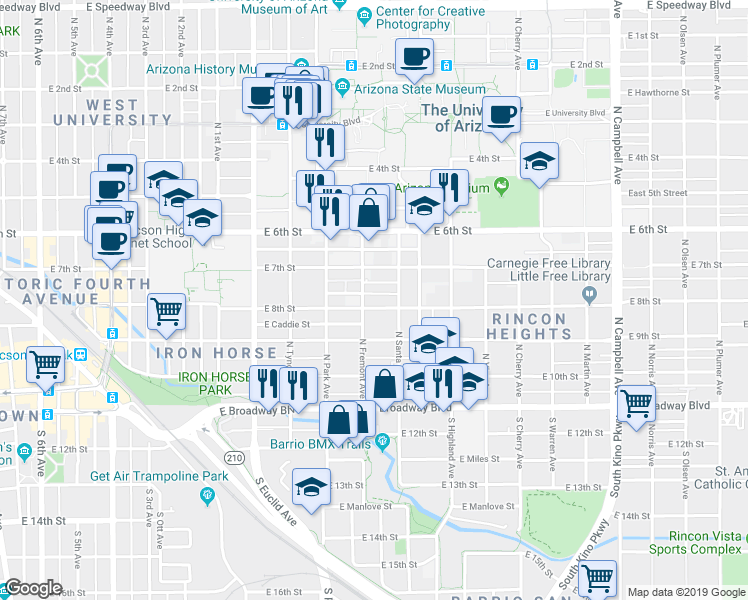 map of restaurants, bars, coffee shops, grocery stores, and more near 1052 East 7th Street in Tucson