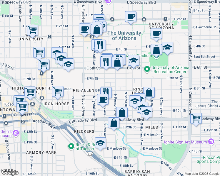 map of restaurants, bars, coffee shops, grocery stores, and more near 1052 East 7th Street in Tucson