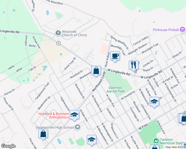 map of restaurants, bars, coffee shops, grocery stores, and more near 100 Bluebonnet Street in Stephenville