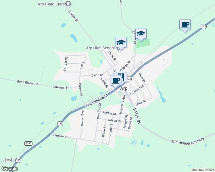 map of restaurants, bars, coffee shops, grocery stores, and more near 103 Woodman Street in Arp