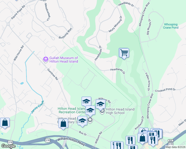 map of restaurants, bars, coffee shops, grocery stores, and more near 218 Ceasar Place in Hilton Head Island