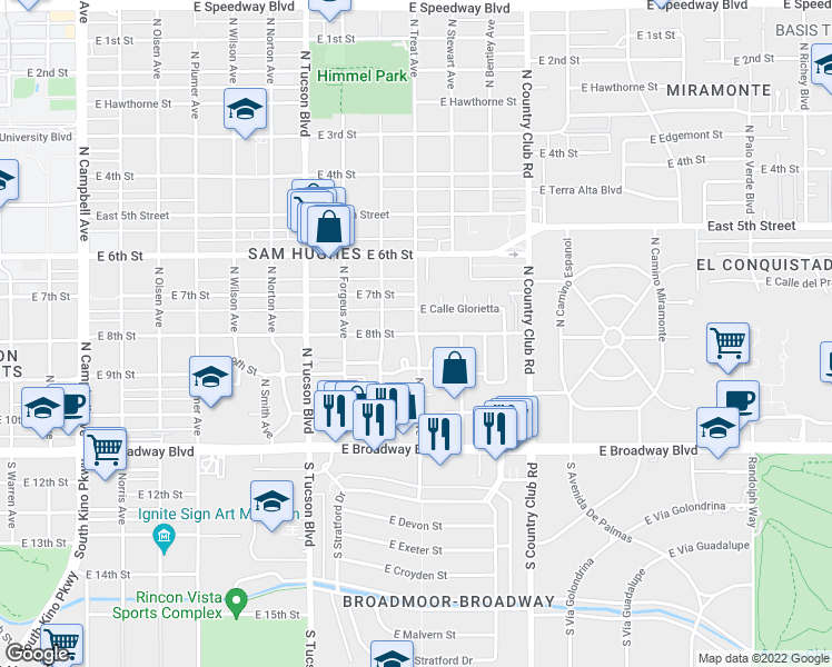 map of restaurants, bars, coffee shops, grocery stores, and more near East 8th Street in Tucson