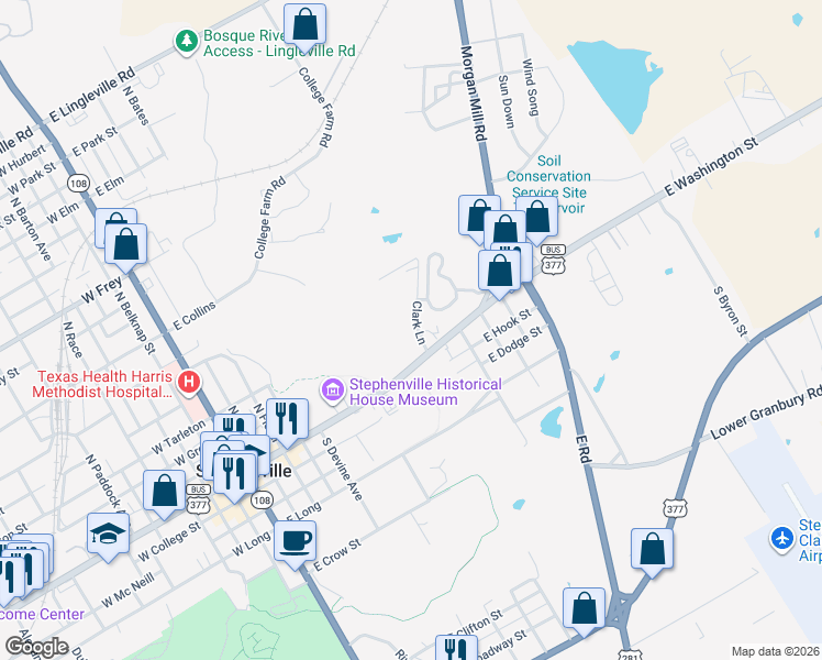 map of restaurants, bars, coffee shops, grocery stores, and more near 200 Clark Lane in Stephenville