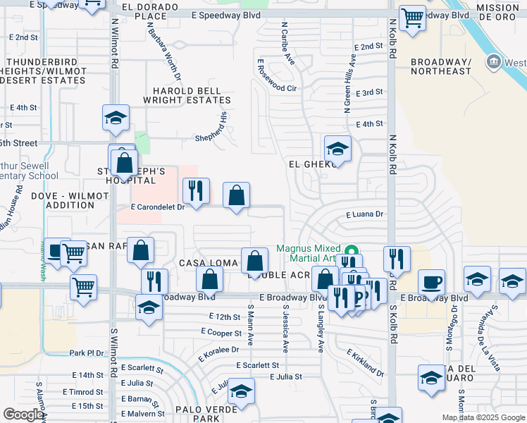 map of restaurants, bars, coffee shops, grocery stores, and more near 6770 East Carondelet Drive in Tucson