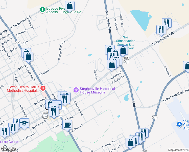 map of restaurants, bars, coffee shops, grocery stores, and more near 200 Clark Lane in Stephenville