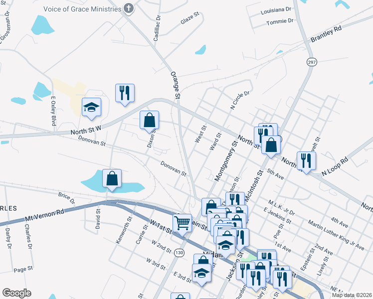 map of restaurants, bars, coffee shops, grocery stores, and more near 501 Georgia Street in Vidalia