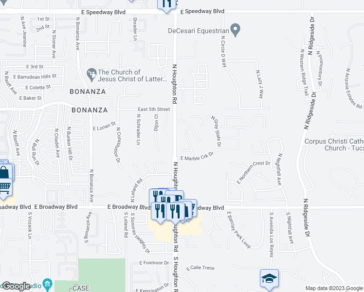 map of restaurants, bars, coffee shops, grocery stores, and more near 248-332 North Houghton Road in Tucson