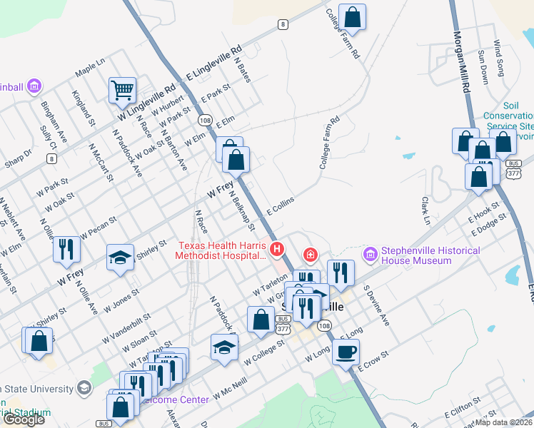map of restaurants, bars, coffee shops, grocery stores, and more near 727 North Miller Avenue in Stephenville