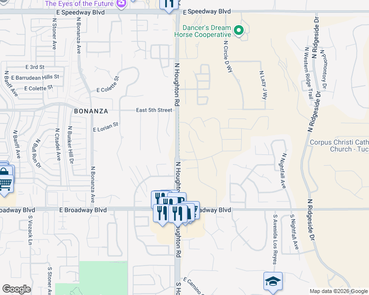 map of restaurants, bars, coffee shops, grocery stores, and more near 248-332 North Houghton Road in Tucson