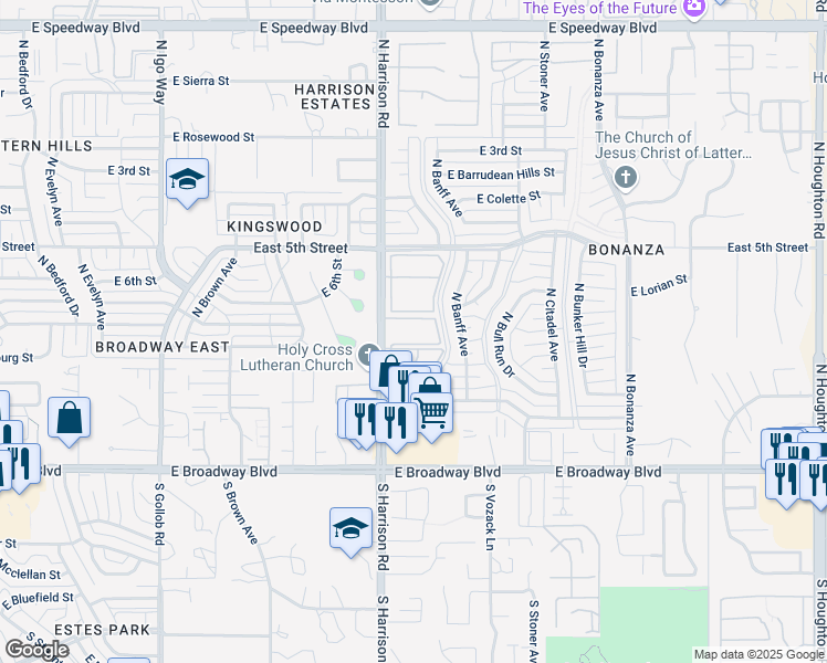 map of restaurants, bars, coffee shops, grocery stores, and more near 550 North Harrison Road in Tucson