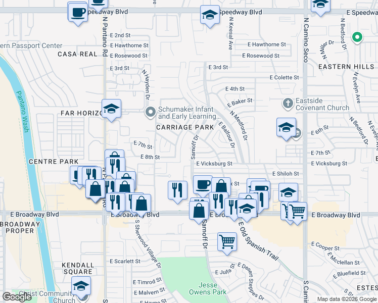 map of restaurants, bars, coffee shops, grocery stores, and more near 349 North Sarnoff Drive in Tucson
