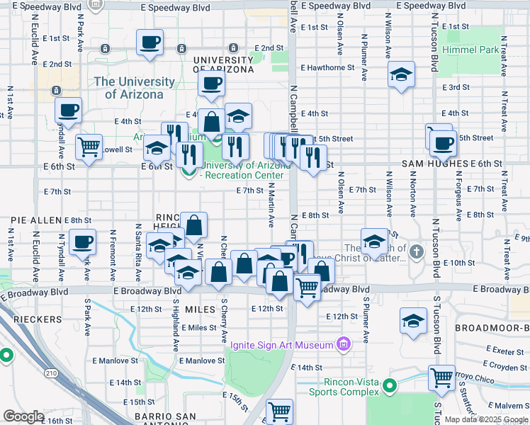 map of restaurants, bars, coffee shops, grocery stores, and more near 332 North Warren Avenue in Tucson