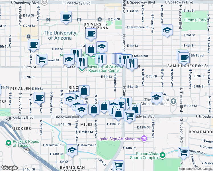 map of restaurants, bars, coffee shops, grocery stores, and more near 332 North Warren Avenue in Tucson