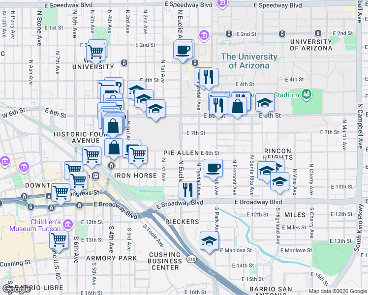 map of restaurants, bars, coffee shops, grocery stores, and more near 356 North Euclid Avenue in Tucson